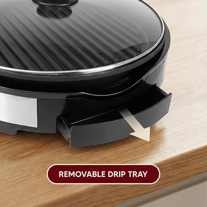 Elite Gourmet EMG6505G 12" Smokeless Indoor Electric BBQ Grill with Glass Lid Dishwasher Safe, Nonstick, Adjustable Temperature, Fast Heat Up, Low-Fat Meals Easy to Clean Design