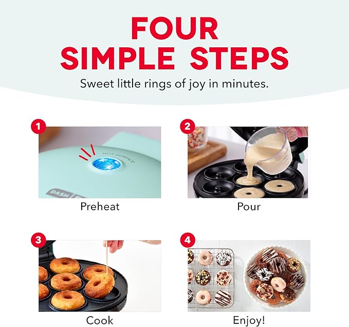 Dash Express Mini Donut Maker - Homemade Dessert Maker - Features Double-Sided, Non-Stick Surface & Space-Saving Design - Makes 7 - Aqua