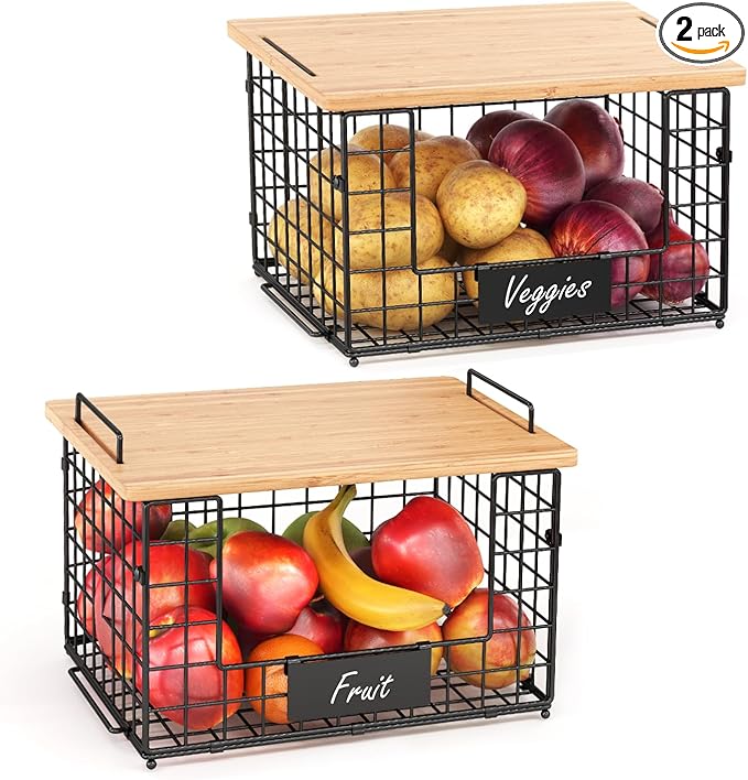 2 Set XL Wire Storage Basket with Bamboo Tops & Tags for Potato and Onion, Stackable Kitchen Counter Organizers for Pantry Organizer and Storage, Metal Storage Bins for Fruit Veggies Snack Can