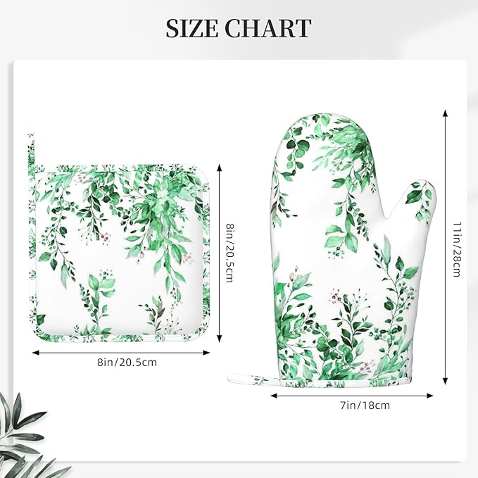 Green Eucalyptus Oven Mitts and Pot Holders Set, 4pcs Silicone Watercolor Plant Leaves with Floral Oven Glove for Kitchen Heat Resistant Oven Mitts and Potholders Non-Slip for Cooking