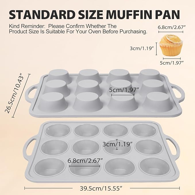 3Pcs Silicone Muffin Pan 6, 12 and 24 Cup with Metal Frame, Non Stick Jumbo Cupcake Pan with Handles, BPA Free Silicon Mini Muffin Tin Regular Tray For Baking,Egg Bites,Mold Light Grey