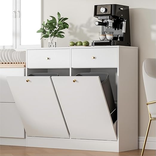 Housoul Double Tilt Out Trash Can Cabinet with 2 Drawers, Trash Storage Cabinet, Hidden Garbage Bin, Free Standing Laundry Sorter Organizer for Kitchen Dining Living Room, Bathroom, White