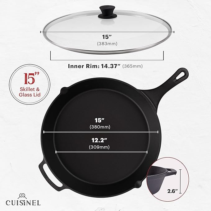 Cuisinel 15" Cast Iron Skillet + Glass Lid Cover + Pan Scraper + Heat-Resistant Silicone Handle Grip - Pre-seasoned Oven-Safe Kitchen Cookware - Indoor/Outdoor - Camping, Grilling, BBQ, Oven Safe