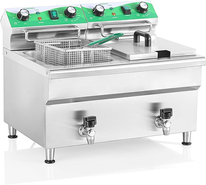 NUPANT 24L/25.4QT Commercial Deep Fryer with 2 Baskets and Lids, 110V Electric Fryer with Oil Filtration and Timer, Stainless Steel Large Double Tank Fryer Countertop Deep Fryer for Restaurant 3500W
