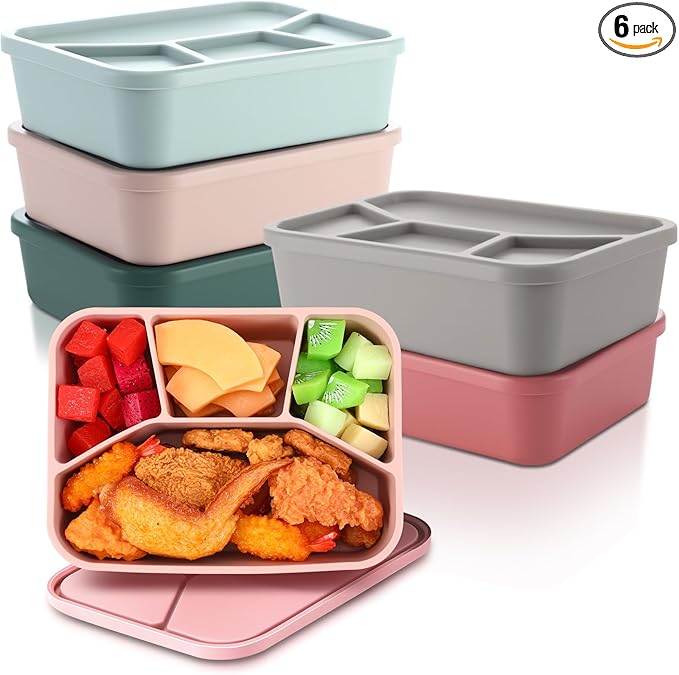 Honeydak 6 Pcs Silicone Bento Box Reusable Lunch Container 4 Compartment Snack Boxes with Lid Smooth LeakProof Rectangle Food Boxes for Adult Work Travel Food Storage(Classic Color)