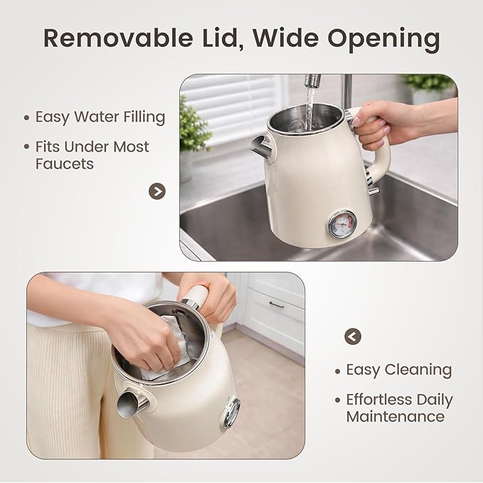 Mecity Retro Electric Kettle 1.7L, Stainless Steel Interior (No Plastic Contact), Double Wall Cool Touch, Fast Boil 1500W, Thermometer (°F/°C), Removable Lid, Wide Opening Easy Cleaning, 120V, Cream