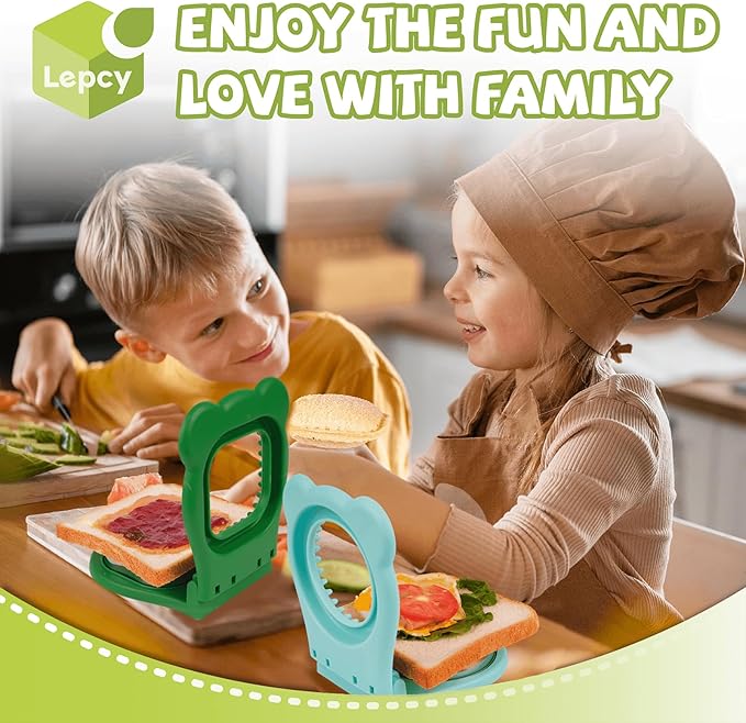LEPCY Uncrustables Sandwich Maker Sealer Cutter, Crustless Sandwich Cutter, PB&J Uncrustable Maker - Green Square Shape + Blue Round Shape