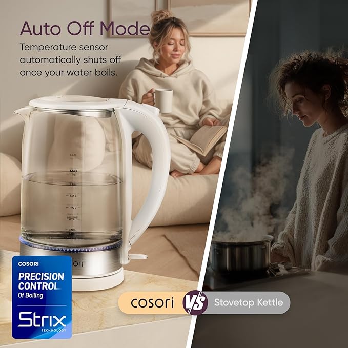Cosori Electric Kettle, No Plastic Contact With Water, Wide Mouth For Easy Cleaning, Auto Shut Off, 1.7L Tea Kettle & Hot Water Boiler, Water Heater & Teapot, Borosilicate Glass, White, 1500W
