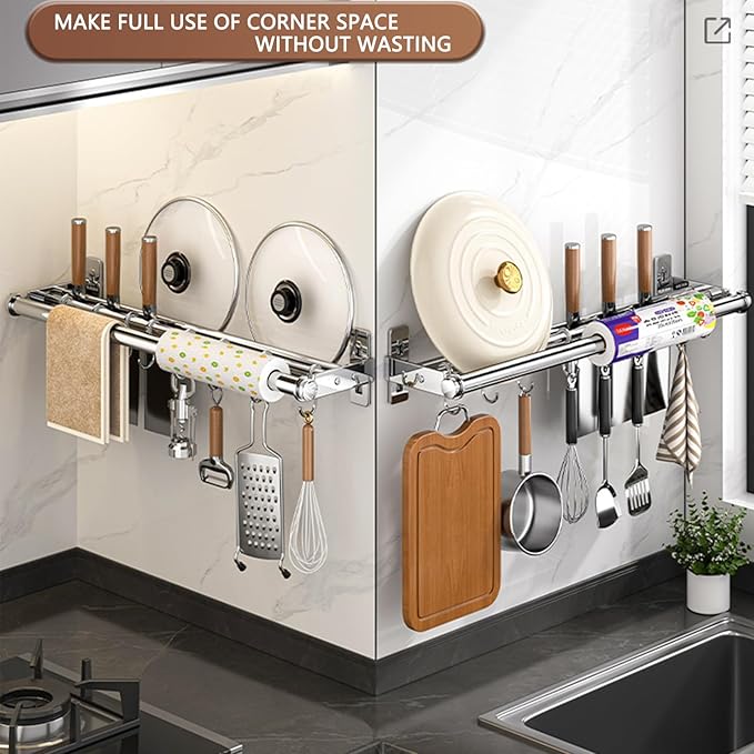 Hanging Wall Mount knife Wall Mount, Kitchen Organizer Storage Shelf for Utensils Spatula Spoon, Space-Saving Knife Rack with Hooks,Wall-Mounted Utensil Holder (Black, 40CM+Single Pole+6Hooks)