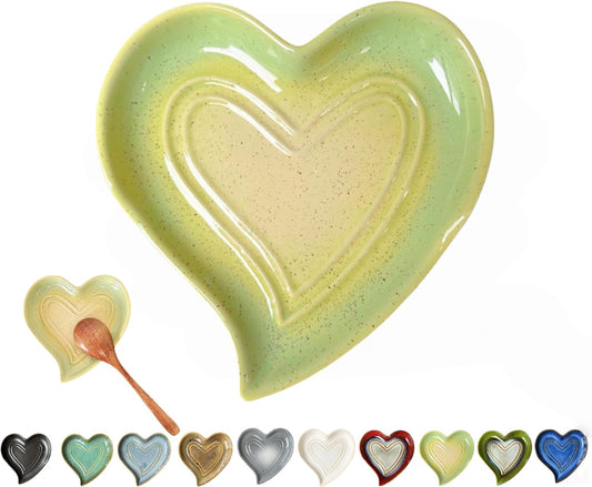 Ceramic Spoon Rest for Stove Top, Heart Cute Spoon Rest for Kitchen Counter, Cooking Spoon Holder for Kitchen Counter, Utensil Rest Spatula Rest Ladle Holder Tong Rest (Yellow Green)