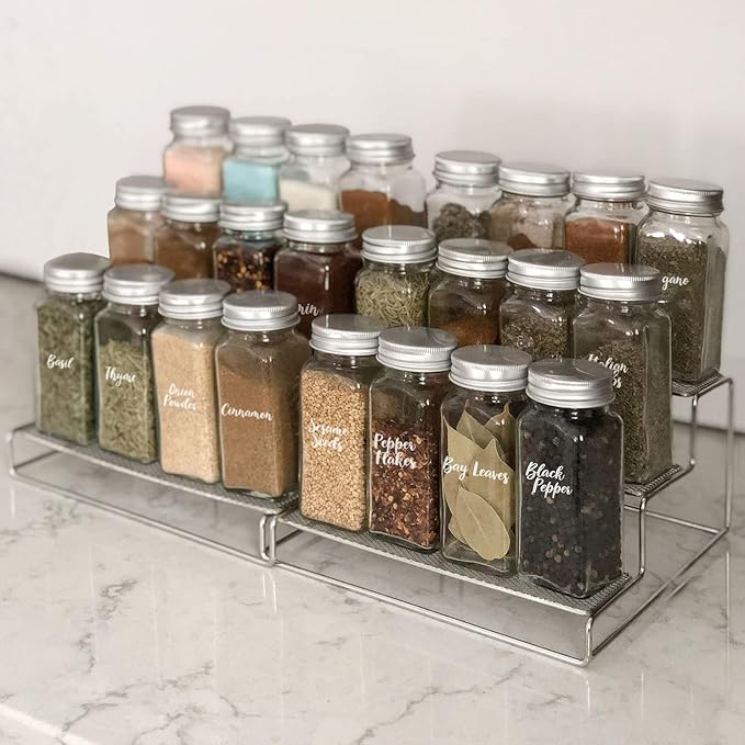 Talented Kitchen 3-Tier Stainless Steel Spice Rack - 24 Square 4oz Glass Jars, Dual Chalkboard & Printed Labels - Cabinet & Countertop Spice & Seasoning Organizer - Kitchen Organizer