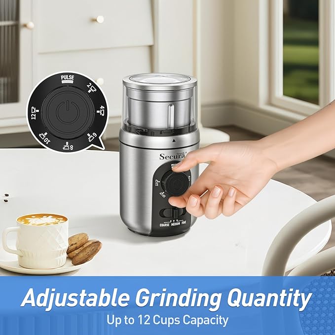 Secura Brands Electric Coffee Grinder for Coffee Beans, Spices, Herbs Adjustable Coarse to Fine Setting for 12 Cup Capacity with 1 Removable Stainless Steel Bowl, Ideal for Home Use, RV