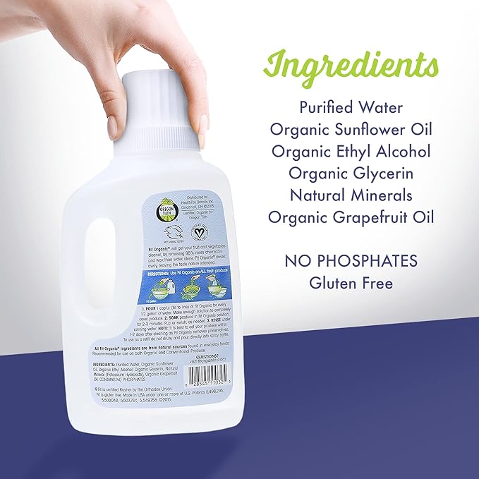 Fit Organic Produce Wash, 32 Oz. Soaker, Fruit and Vegetable Wash & Pesticide/Wax Remover, Transparent