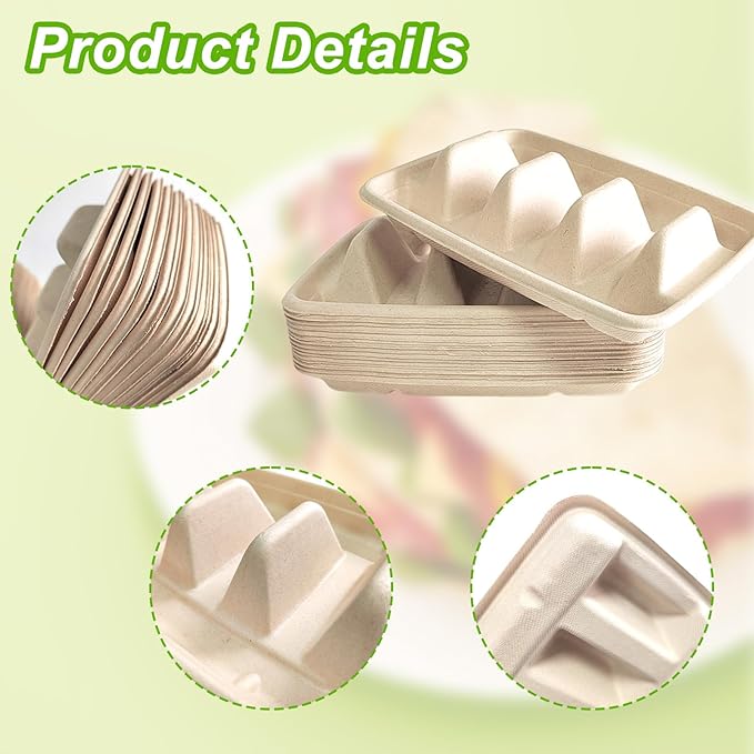 100PCS Disposable Taco Holders for Party, Pulp Fiber Plates with 3 Dividers, Lazy Susan Taco Bar