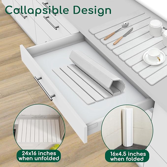 Stone Drying Mat for Kitchen Counter, White 24"×16" Collapsible Fast Drying Dish Mats, Diatomaceous Earth Water Absorbing Mat for Dishes Bottles Cups