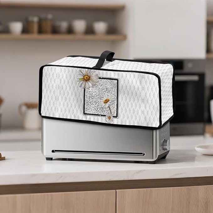 Toaster Cover 2 Slice White Daisy Fabric Water-Resistant Folding 2 Slice Slim Toaster Cover, Heat-Resistant Dustproof Protective Covers for Small Appliance