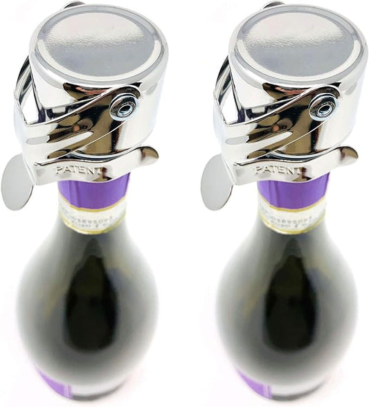 Champagne Stoppers by Kloveo - Patented Seal - Made in Italy - Professional Grade WAF Champagne Bottle Stopper - Prosecco, Cava, and Sparkling Wine Stopper - Chrome, 2-Pack