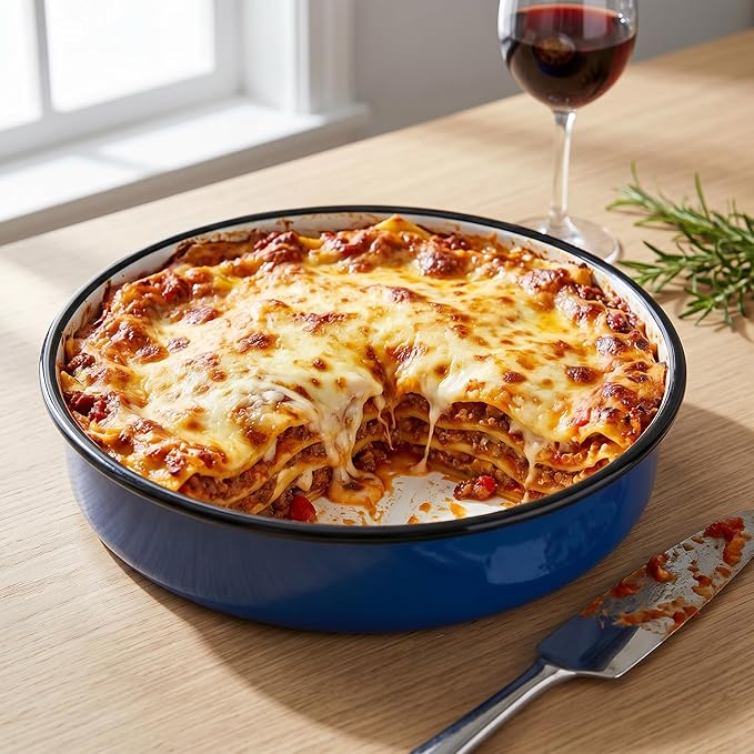 12 Inch Enamel Roasting Pan for Induction Cooktops - Heavy Duty Round Baking Pan for Thanksgiving Turkey Christmas Ham Lasagna & Pizza Dishwasher Safe Oven Broiler & Stovetop Pan