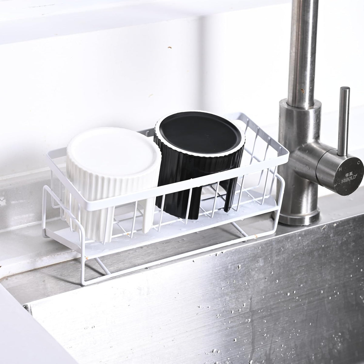 Ceramic Sponge Holder for Kitchen Sink - White Dish Sponge Caddy, Scouring Pads Drying Rack for Countertop