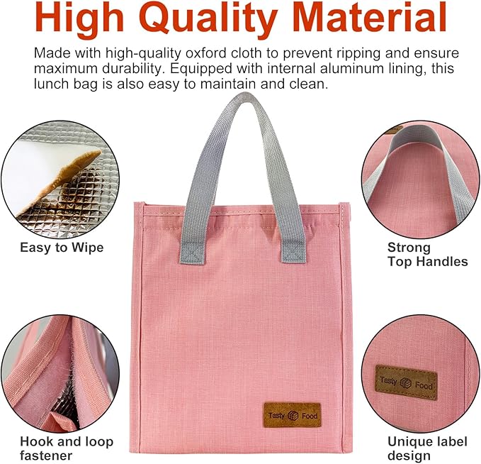 Mziart Minimalist Lunch Bag, Reusable Insulated Lunch Box for Women Men Leakproof Simple Bento Tote Adults Cooler Bag for Work Office Picnic or Travel (Pink)