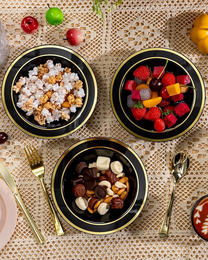 100 Pack Black Disposable Bowls with Gold Rim, 12oz Black Plastic Soup Bowls for Party, Wedding, Holiday,And Halloween