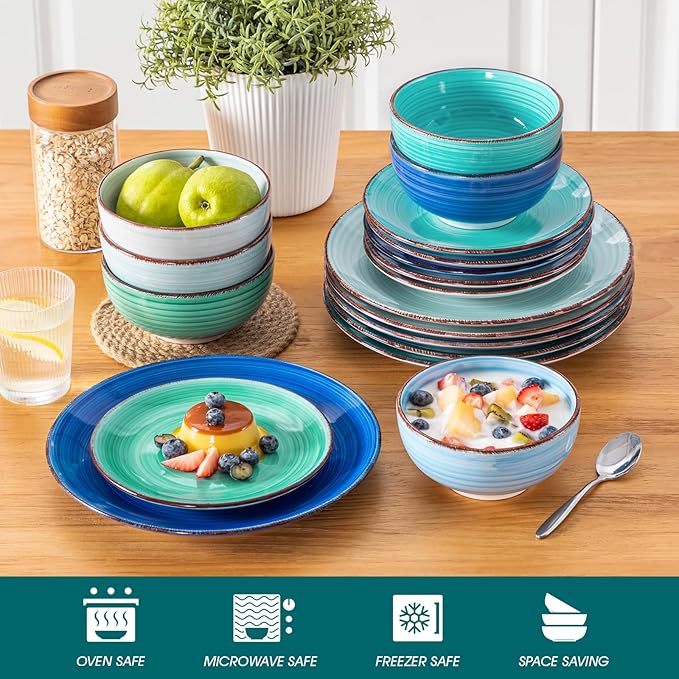 vancasso Bonita Plates and Bowls Sets 18 Pieces Blue Stoneware Service for 6, Modern Round Dinnerware Sets, Hand-Painted Spiral Dishes Set-Microwave and Dishwasher Safe (Blue,18 Pcs)