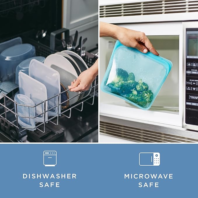 Stasher Silicone Reusable Storage Bag, Pocket Bags 2-Pack, Microwave, Dishwasher, Oven Safe, Sous Vide, Eco Friendly, Leak-free, Food-safe Silicone Snack Bags for Travel, 4 oz, Clear & Deep Ocean | Reusable Food Bags