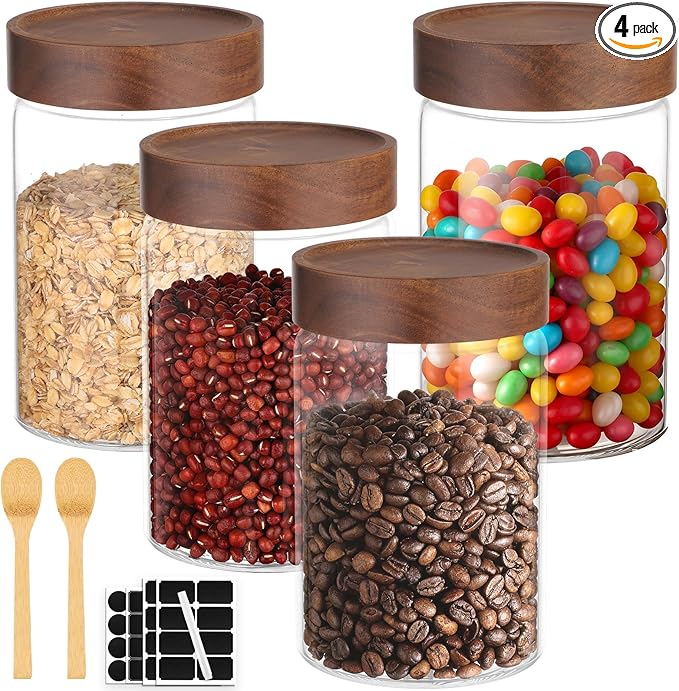 Glass Jar with Wood Lid, 4 Pack 29oz Glass Jars with Airtight Screw Lids, Wide Mouth Coffee and Sugar Containers, Clear Food Storage Canister for Flour, Tea, Oatmeal, Seasoning, Cookie, Candy