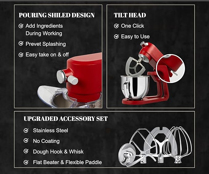 Stand Mixer Heavy Duty - All Metal Kitchen Standing Mixer 5.3 Quart with 4 Stainless Steel Attachments, DC Motor & Multifunctional Power Hub, 8-Speed & Timer, Lower Noise (Red)