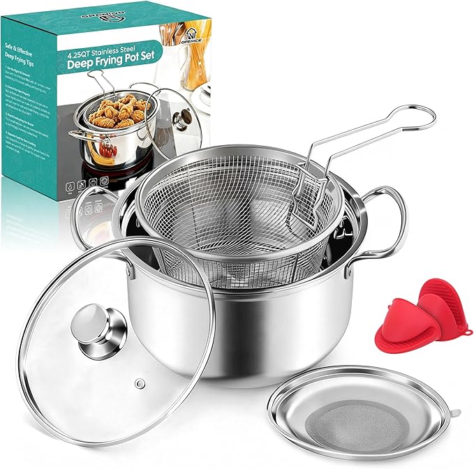 OPENICE Deep Fryer Pot with Basket, Stainless Steel Frying Pot with Basket Lid and Oil Strainer for Stove Top Frying, Boiling, 4.25qt Small Fryer Pot for 1-3 Peoples