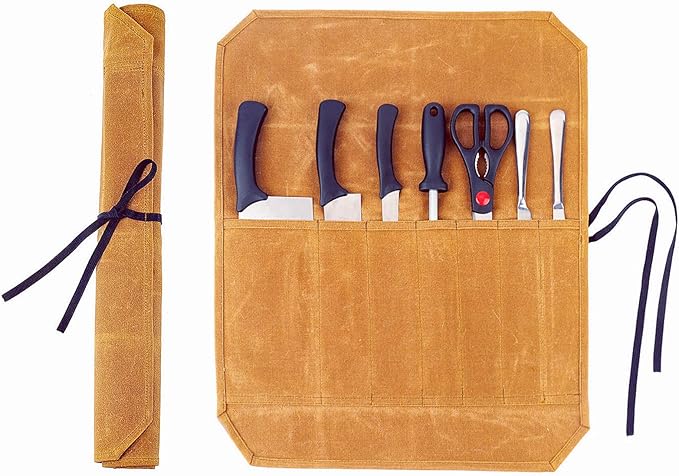 Denifiter Knife Cases Organizer-Durable 16OZ Waxed Canvas Knife Roll Construction-7 Pockets - (Khaki)
