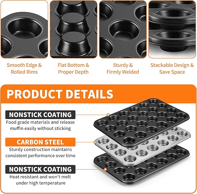 TeamFar 2 Pack Mini Muffin Pan, 24-Cup Non-Stick Carbon Steel Cupcake Tray Tin for Baking, Small Cup Cake Bakeware for Bite-Sized Cheesecake Tart Quiches, Even Baking & Effortless Release & Easy Clean