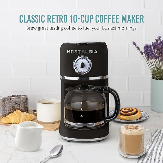 Nostalgia Classic Retro 10 Cup Coffee Maker - One-Touch Drip Brew, Reusable Filter - Anti-Drip, Auto Shutoff, & Time Display - Dishwasher Safe 50 oz Carafe - Black
