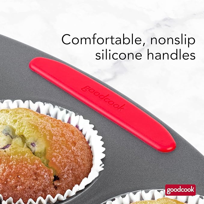 GoodCook MegaGrip 12-Cup Muffin Pan with Silicone Grip Handles Perfect for Cupcakes Durable Heavy-Gauge Steel Construction Scratch-Resistant Nonstick Coating, 15.5x10.5-Inch, Gray
