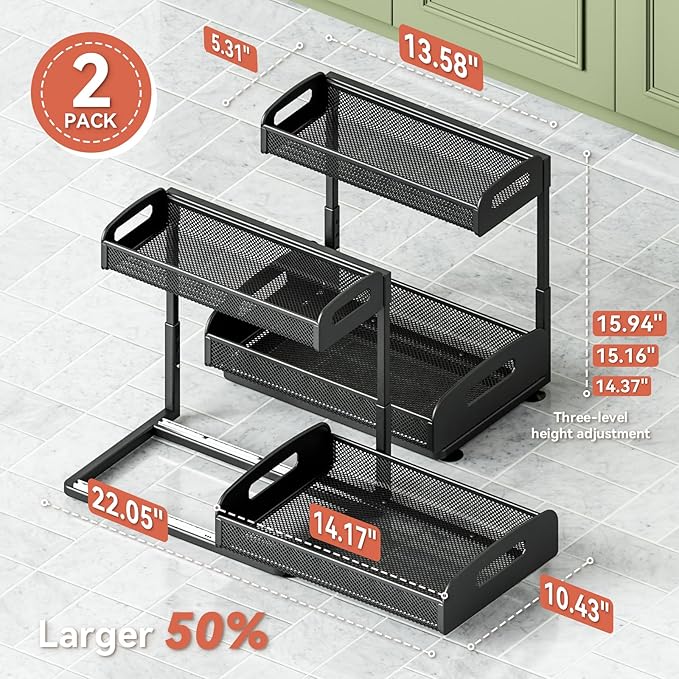 YASONIC Under Sink/Cabinet Organizers and Storage for Bathroom & Kitchen and 2-Pack Shower Caddy Adhesive Replacement
