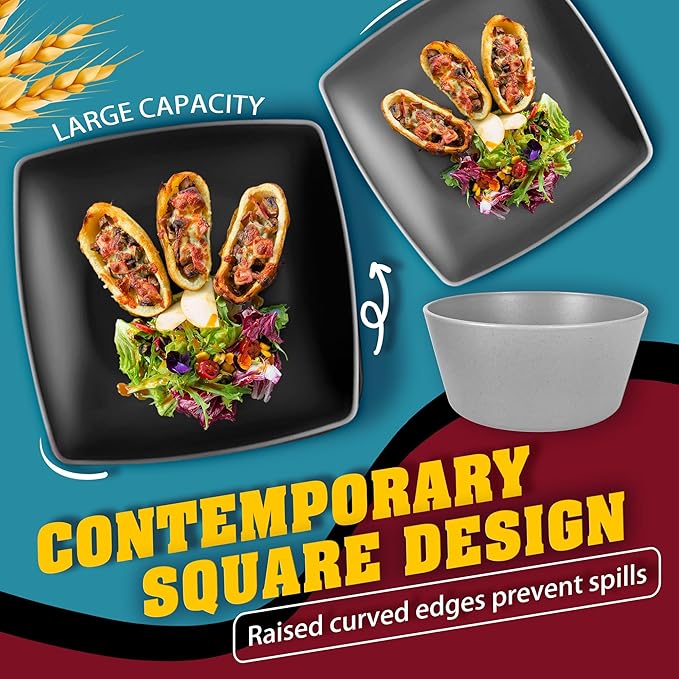 Teivio 32-Piece Kitchen Plastic Wheat Straw Squircle Dinnerware Set for 8, Unbreakable Dinner Plates, Salad Plates, Square Cereal Bowls, Cups 13.5 oz, Dishwasher Safe,Gray Ombre