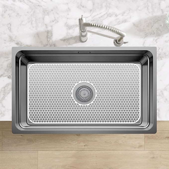 Bestjing Silicone Sink Protectors for Kitchen Sink - 26"x 14" Kitchen Protector Accessory, Non-Slip Heat Resistan Mat for Bottom of Farmhouse Stainless Steel Porcelain (Center Drain Hole,White)