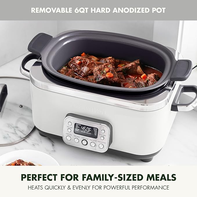 GreenPan Elite 14-in-1 Nonstick 6QT Electric Slow Cooker, PFAS-Free Ceramic Multi-Cooker, In-Pot Browning, Dishwasher Safe Lid & Removable Crock, Stainless Steel Steamer, Silicone Handles, White