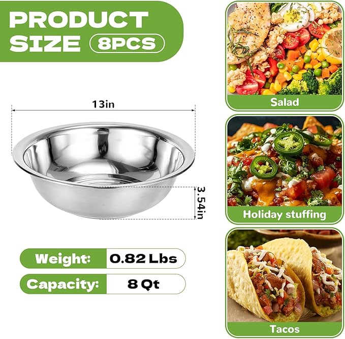 8 PCS Stainless Steel Mixing Bowls 13 Inch 8 Qt Extra Large Metal Basin with Mirror Finish, Heavy-Duty Salad Dough Bowl Kitchen Prep Bowl Dishwasher Safe Dish Tub for Home & Commercial Cooking
