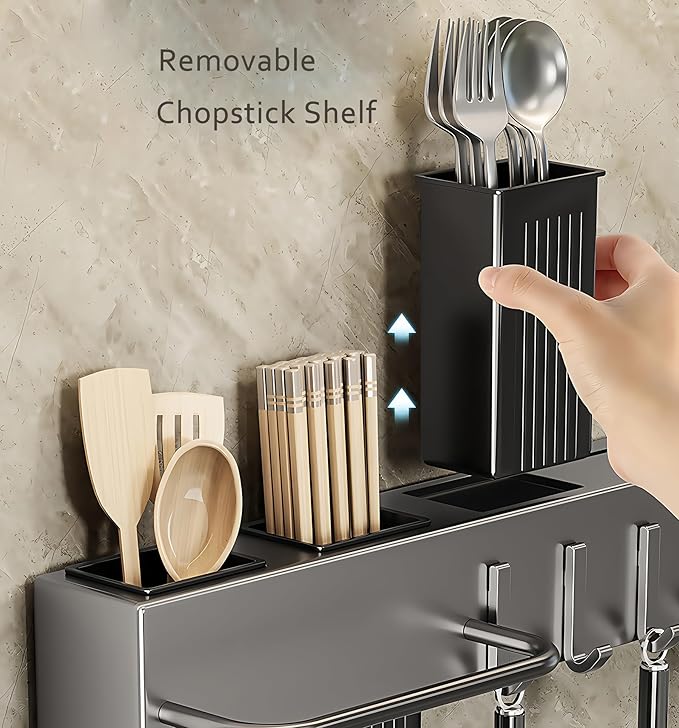 SEIDO Carbon Steel Utensil Rack – Space-Saving 16" L Kitchen Organizer with hooks & hanging bar, Gunmetal Gray Knife Holder, 2 Installation Options (Adhesive/Screwed)