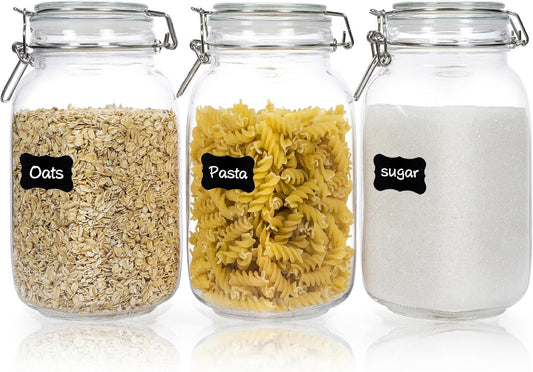 CHEFSTORY 50oz Airtight Glass Jars with Lids, 3 PCS Food Storage Canister for Kitchen & Pantry Organization, Square Mason Jar Containers for Storing Sugar, Flour, Cereal,Coffee,Cookies