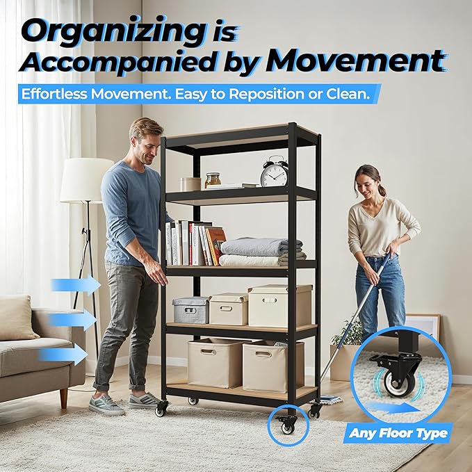 HOMEDANT House 5-Tier Metal Rolling Cart Shelf Rack Casters Heavy Duty Laminated Wheel Shelving Unit Adjustable Utility Storage Shelves Organizer Shelf Kitchen Garage 36.2" W x 16.5" D x 69.5" H 2Pack