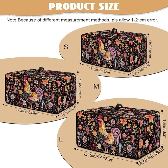 Microwave Oven Cover Air Fryer Toaster Oven Dust Cover with Accessory Pockets, Stain-resistant Small Electric Appliance Protector for Kitchen, M, Rooster Chicken Floral Black