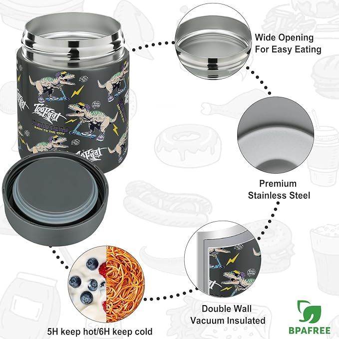 Itslife Bento Lunch Box Set for Kids with 12oz Soup Thermo&Lunch Bag, Leak-Proof Lunch Food Containers for Kids School, 5 Compartment, Sauce Cup, 10 Notes (Grey Dinosaurs)