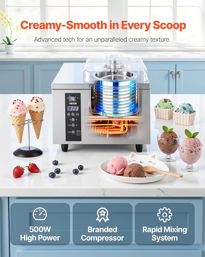 VEVOR Commercial Hard Ice Cream Machine, 500W 1.32 Gal/Hour, Gelato Hard Serve Ice Cream Maker with 2.8L 304 Stainless Steel Cylinder, Auto Clean LED Panel High Productivity for Snack Bar Restaurants