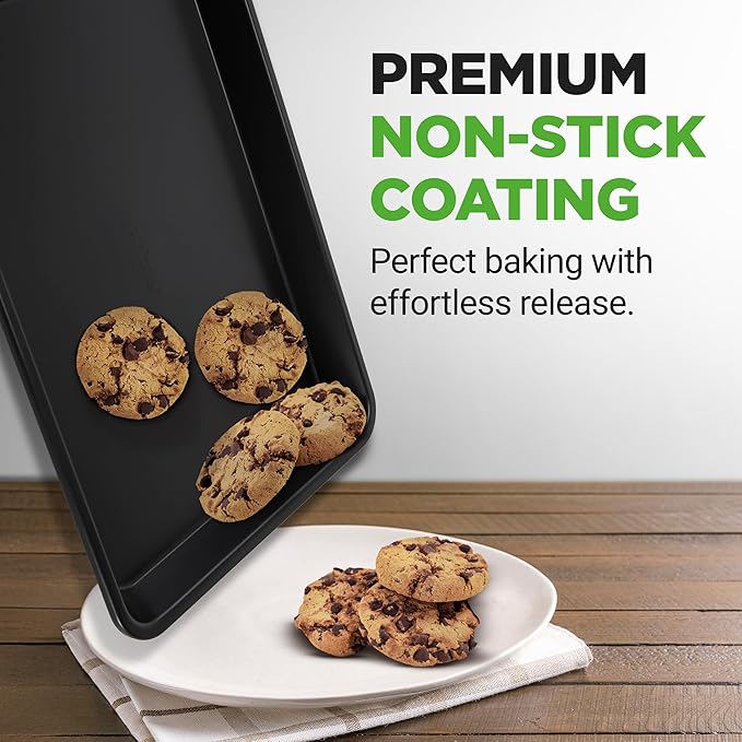 NutriChef 2-Piece Non-Stick Black Cookie Sheets - Versatile & Durable Non-Toxic Carbon Steel Bakeware Sets, Stackable Baking Tray for Cookies, Brownies, Jelly rolls - Oven Safe & Easy Clean