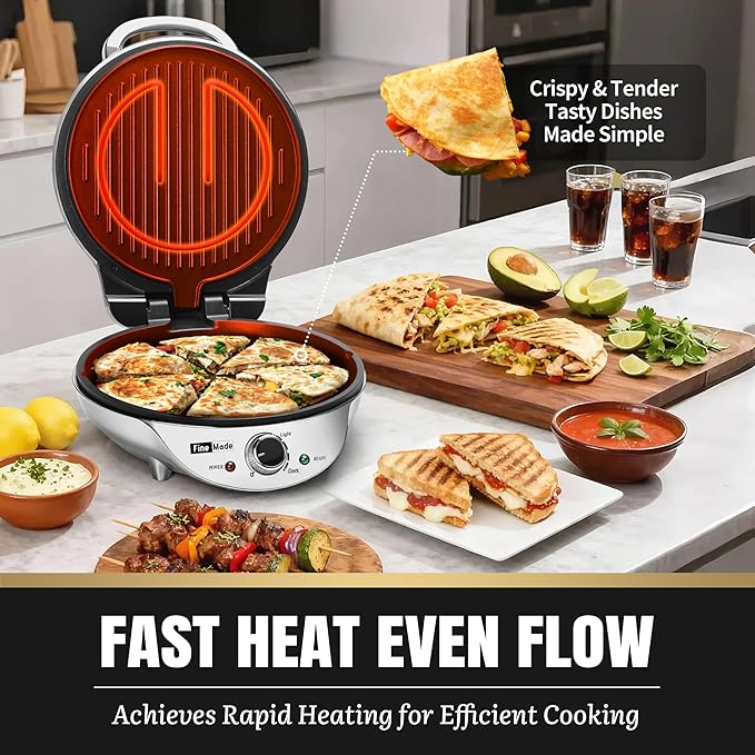 FineMade Electric Griddle Nonstick, Multi-Funtional Quesadilla Maker 10 Inch, Electric Grill Indoor, Pancake Griddle & Pan, Smokeless Indoor Grill, Non-stick Surface, Silver