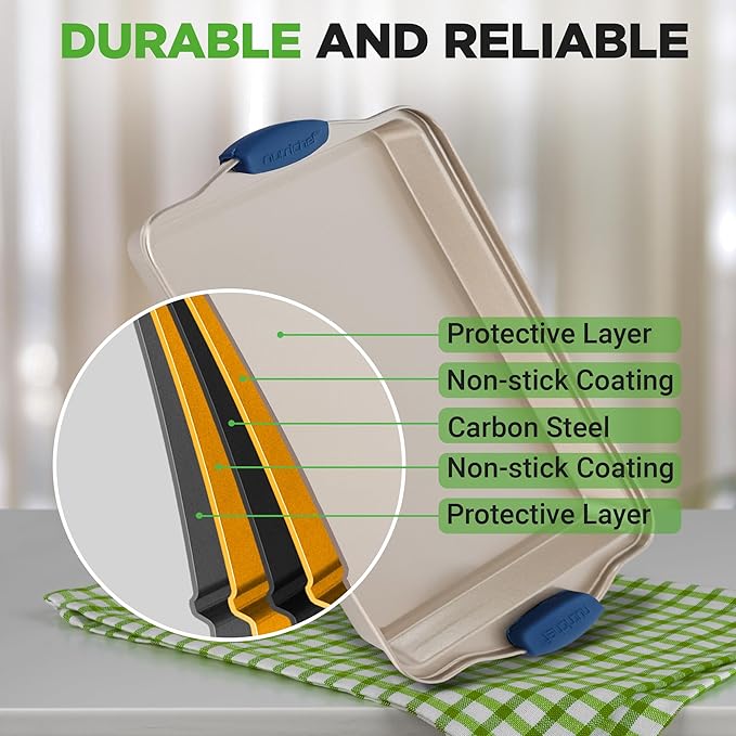 NutriChef Nonstick Baking Pans Set - Carbon Steel Bakeware with Blue Silicone Handles, Even Heat Distribution, Durable & Reliable 3-Piece Cookie Sheet Set in Small, Medium, Large Sizes (Gold)