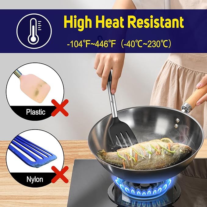 HOTEC Silicone Spatula Set of 2 Heat-Resistant 600°F & BPA-Free Kitchen SaptulaTurner with Stainless Steel Handles, Slotted & Solid Spatulas for Nonstick Cookware, 13.7 Inch, Black