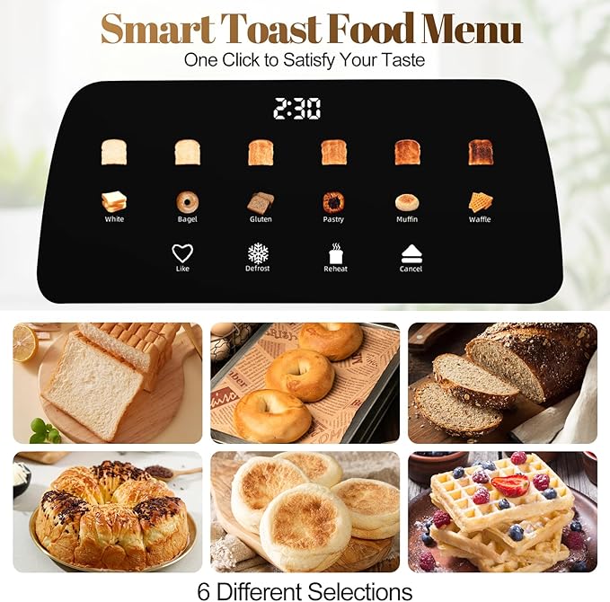 Tesslux 4 Slice Toaster with Touch Screen Control, 1.5" Wide Long Slots, 6 Browning Levels & 6 Bread Types, Digital Timer, Memory, Defrost, Reheat (BLACK)